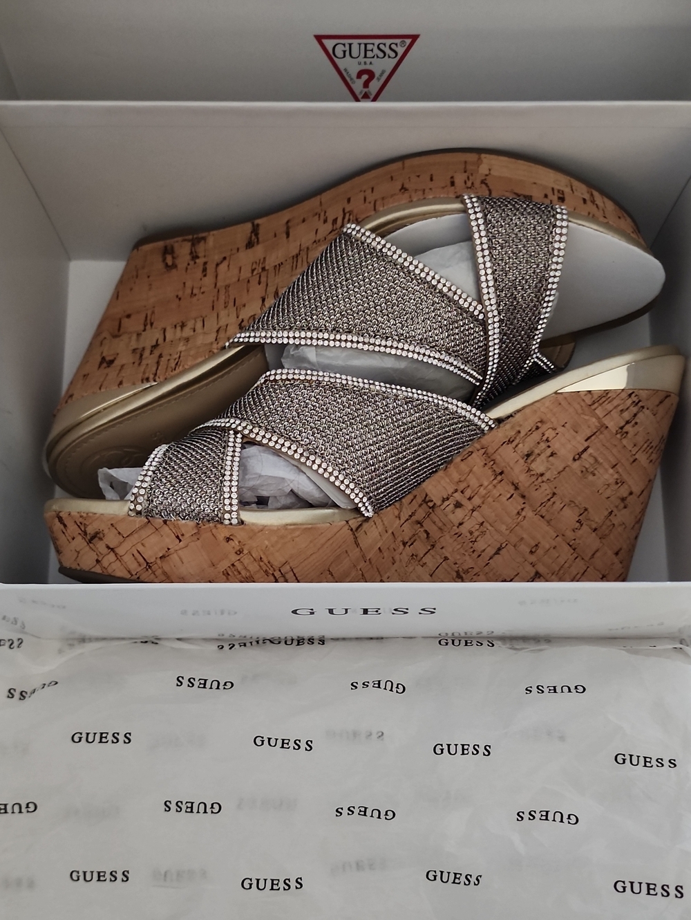 GUESS Metallic Taupe Crystal-Trim Cork Wedge Sandals
